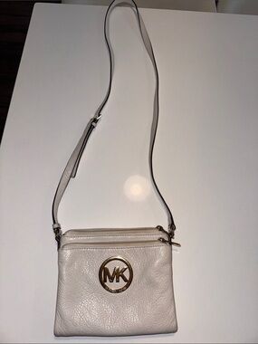 Michael Kors Off-White Pebbled Leather Crossbody with Gold MK Logo